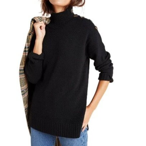 Anthropologie Womens Margarita Tunic Sweater Black Button-Shoulder Size Small - Picture 1 of 10